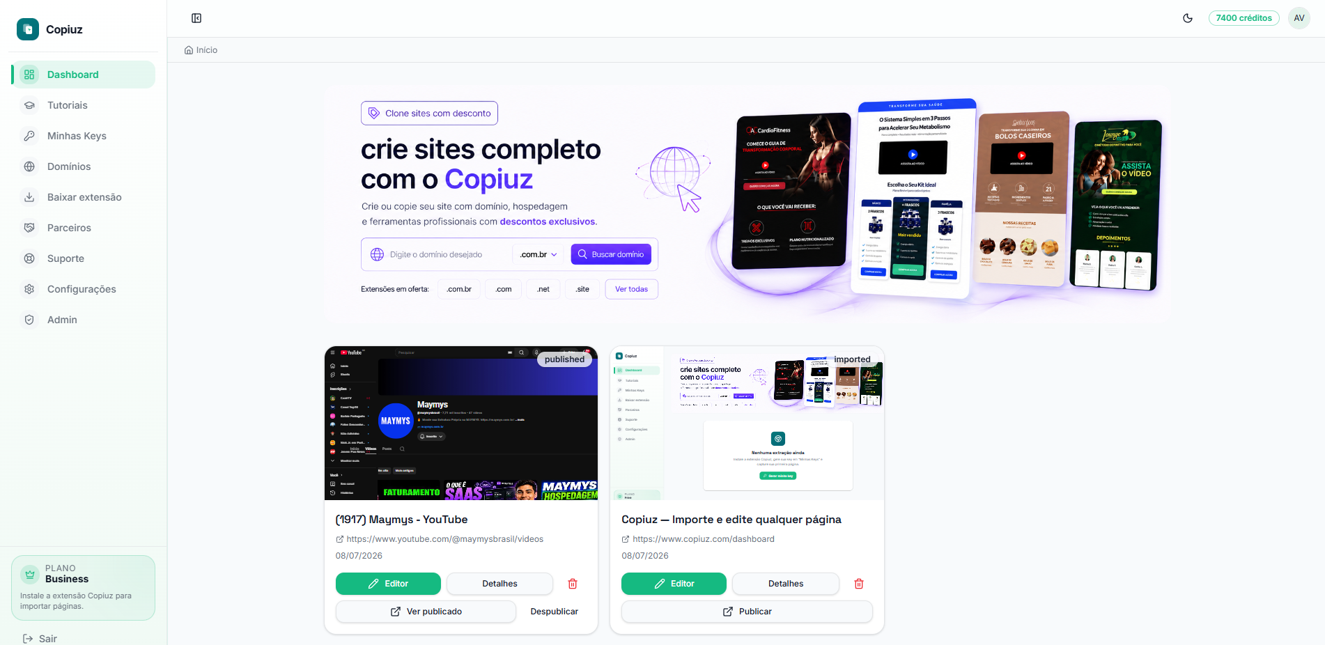 Painel do Copiuz com projetos importados